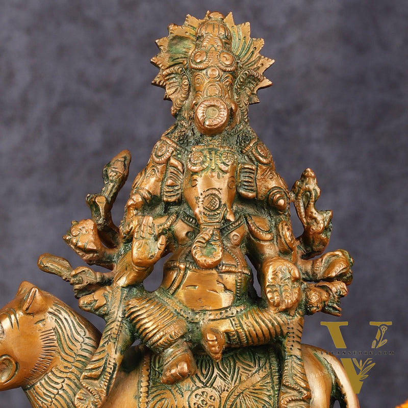 Brass Statue of Panchmukhi Heramba Ganesha - 9" Antique Bronze Finish