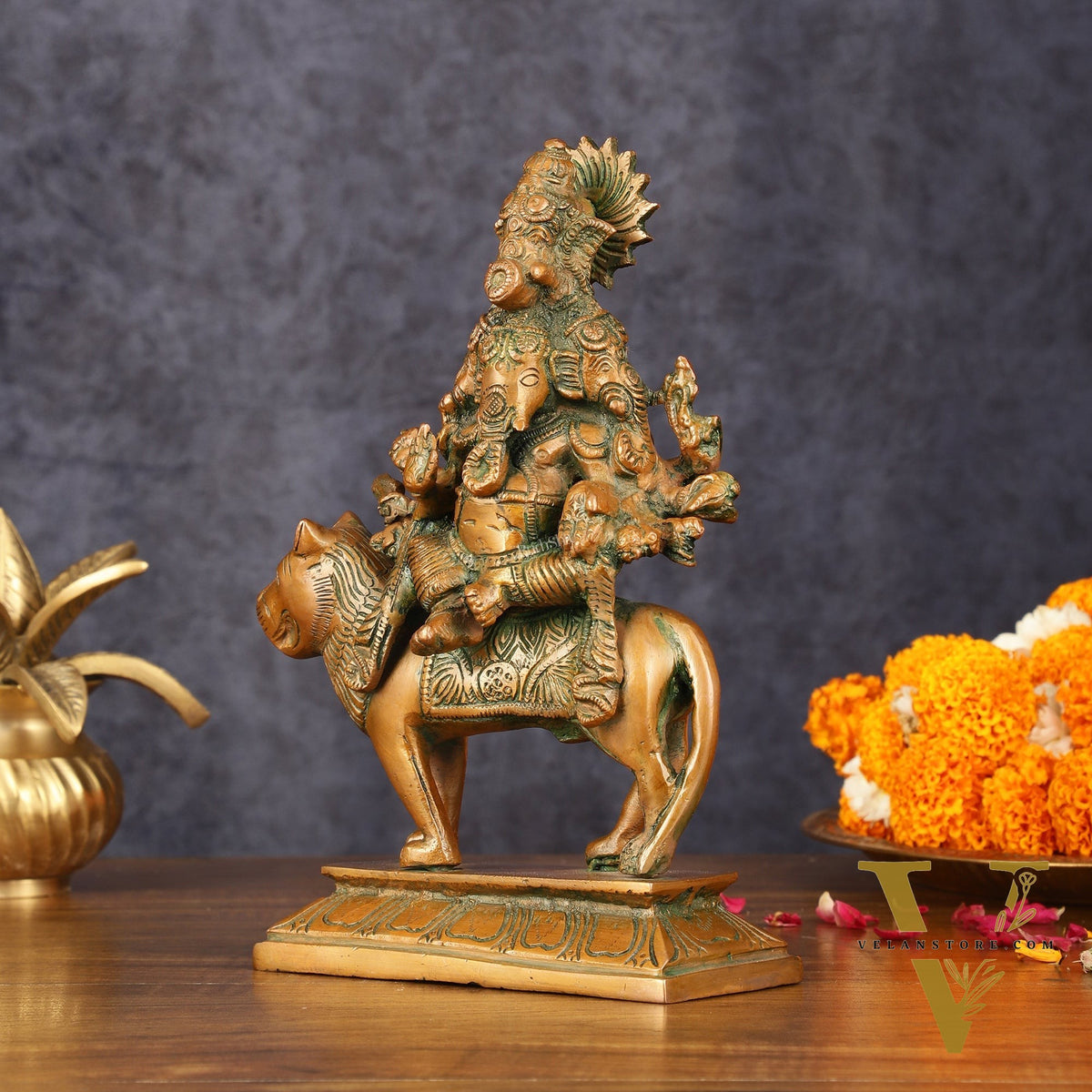 Brass Statue of Panchmukhi Heramba Ganesha - 9" Antique Bronze Finish