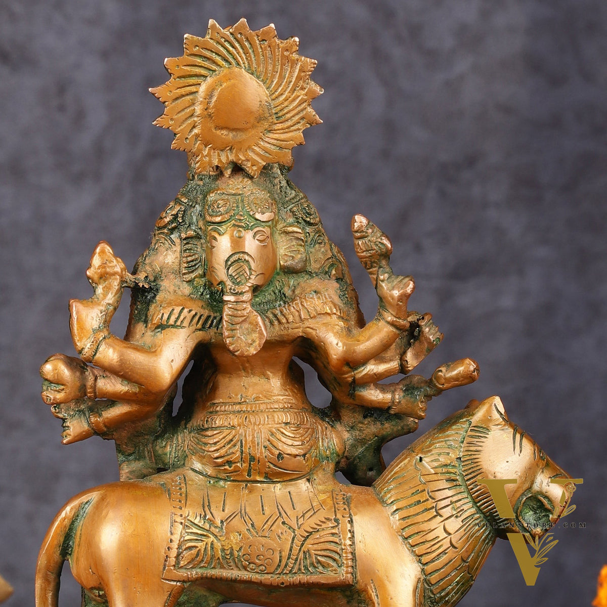 Brass Statue of Panchmukhi Heramba Ganesha - 9" Antique Bronze Finish