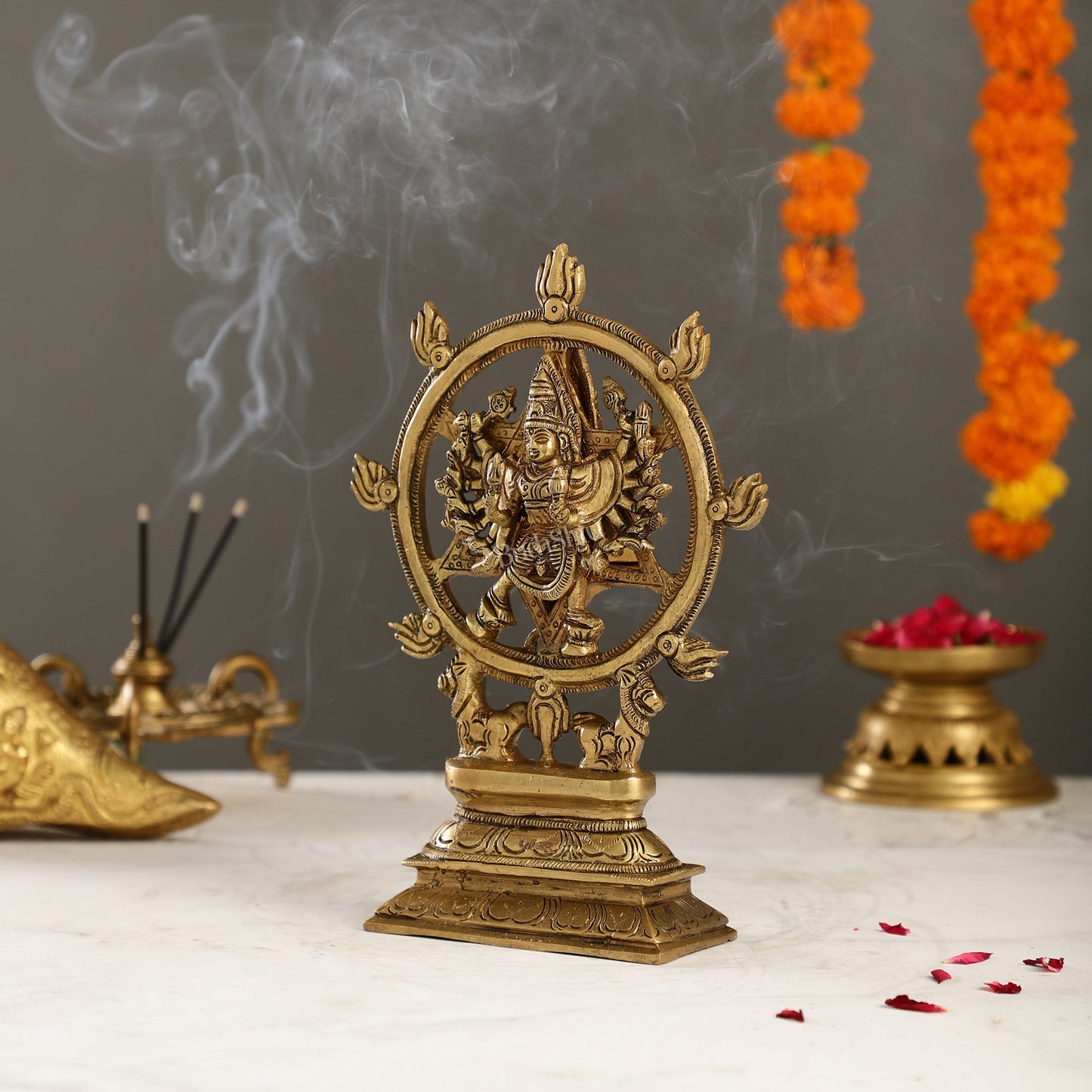 Brass Sudharashna Chakara Vishnu and Narsimha Chakrathazhwar 9.5"