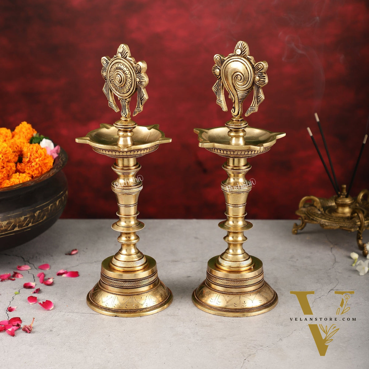Brass Superfine 12-Inch Shankh and Chakra Oil Lamp Vilakku