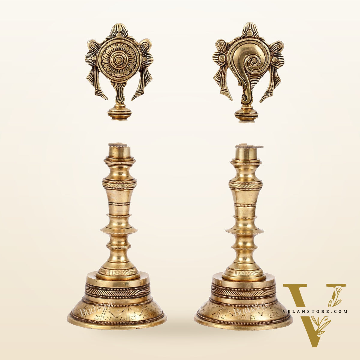 Brass Superfine 12-Inch Shankh and Chakra Oil Lamp Vilakku
