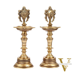 Brass Superfine 12-Inch Shankh and Chakra Oil Lamp Vilakku