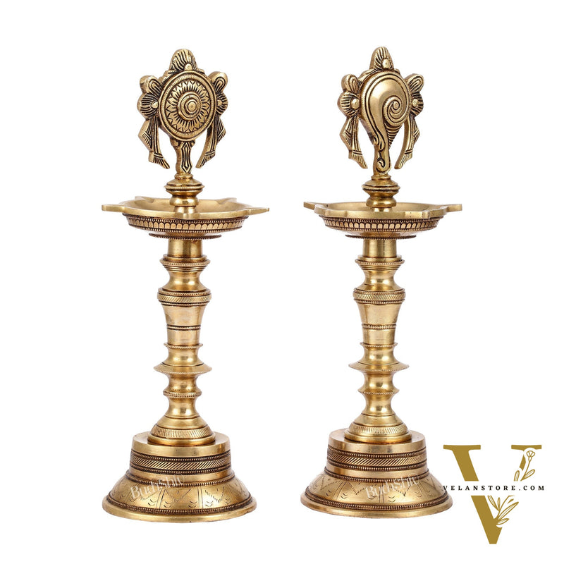 Brass Superfine 12-Inch Shankh and Chakra Oil Lamp Vilakku