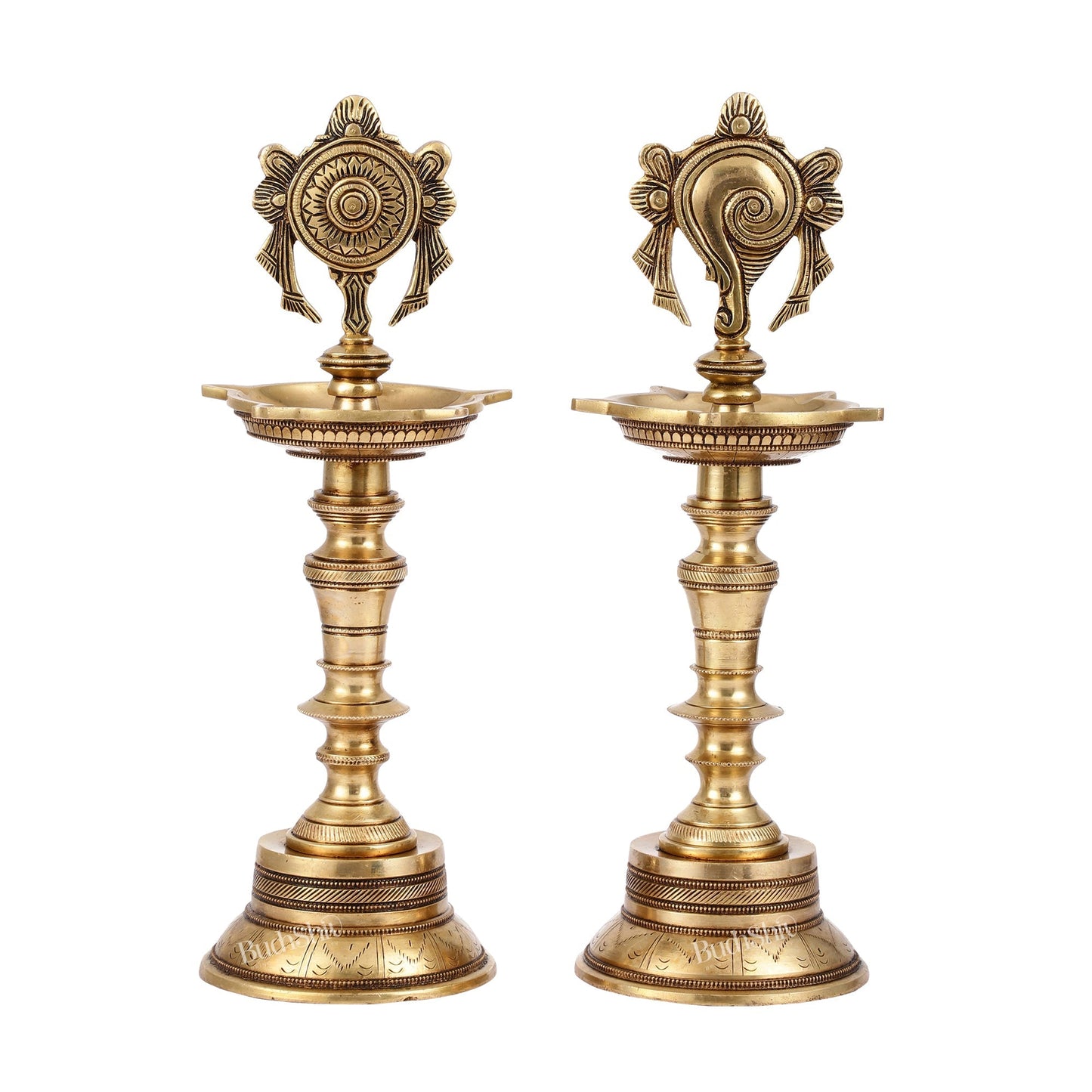 Brass Superfine 12-Inch Shankh and Chakra Oil Lamp Vilakku