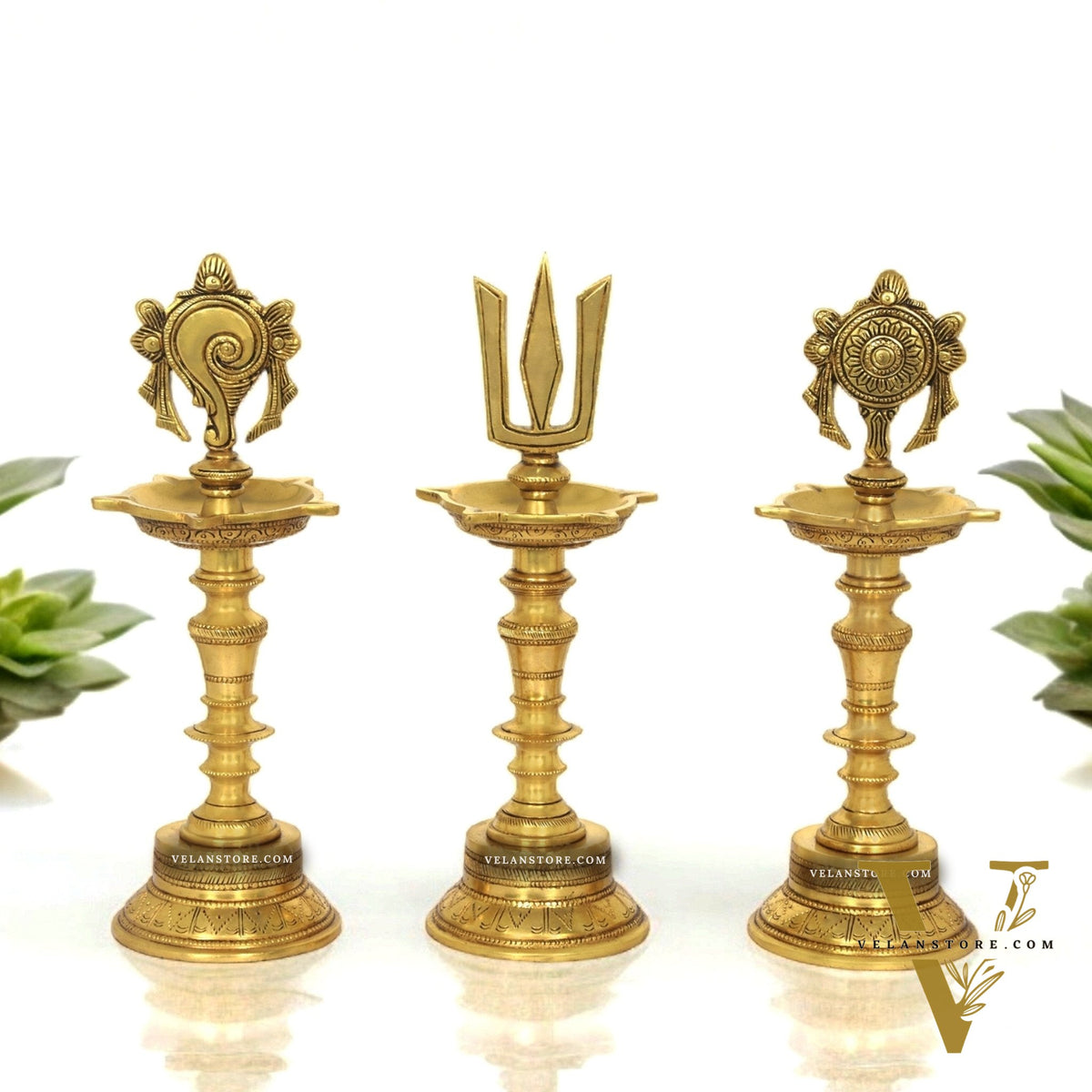Brass Superfine 12-Inch Shankh, Chakra, Naama Oil Lamp Vilakku Diya