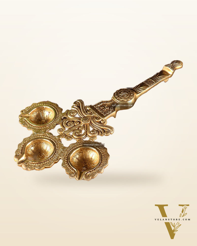 Brass Superfine aarti Triple Diya with Handle