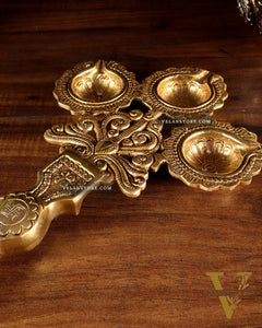 Brass Superfine aarti Triple Diya with Handle