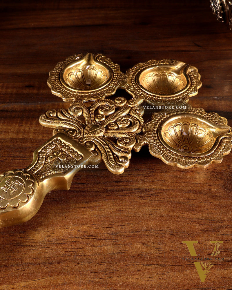 Brass Superfine aarti Triple Diya with Handle