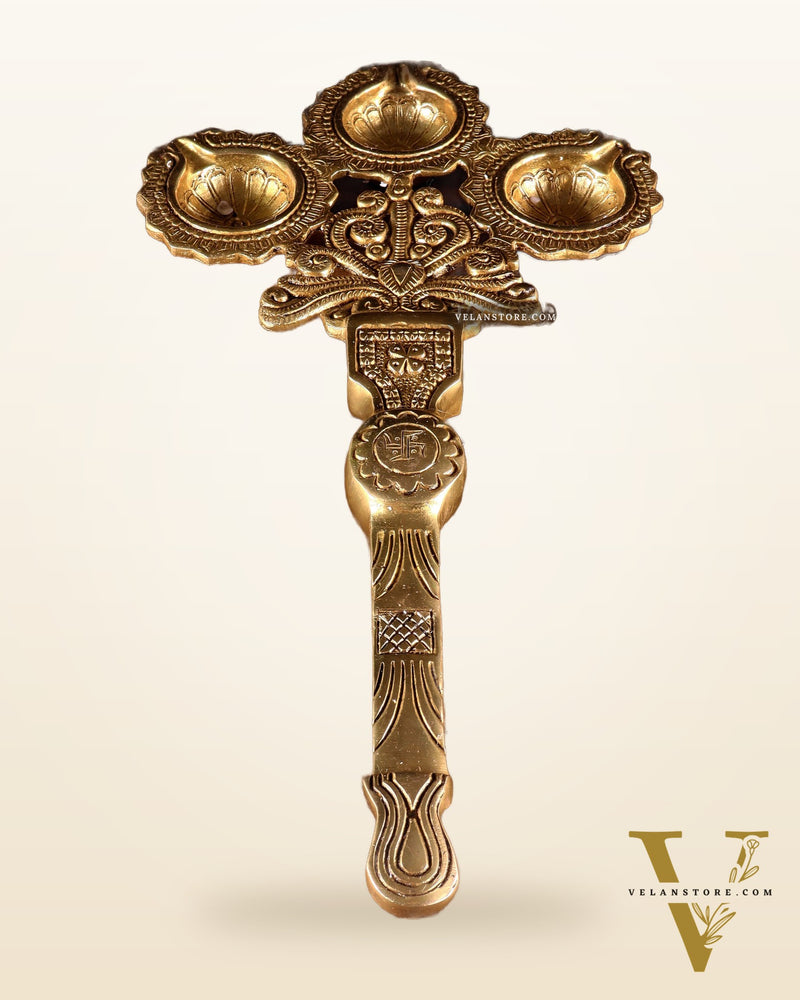 Brass Superfine aarti Triple Diya with Handle