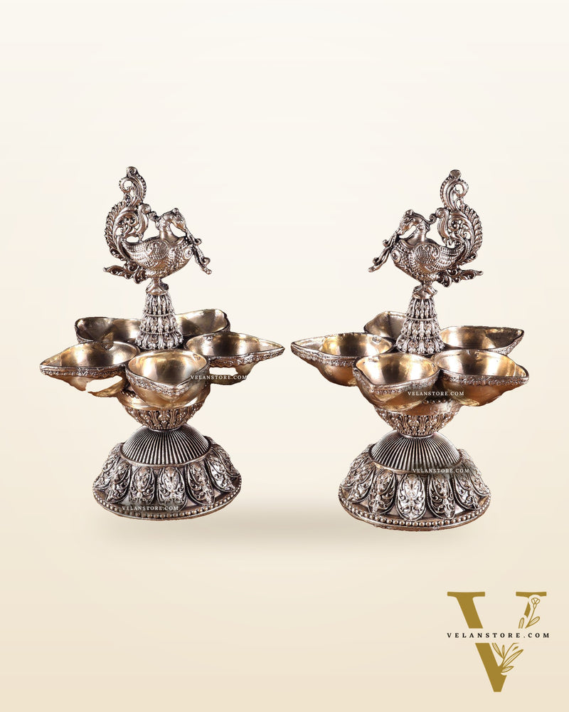 Brass Superfine Annam Lakshmi Peacock Panchdeep Diya | Single & Pair Options