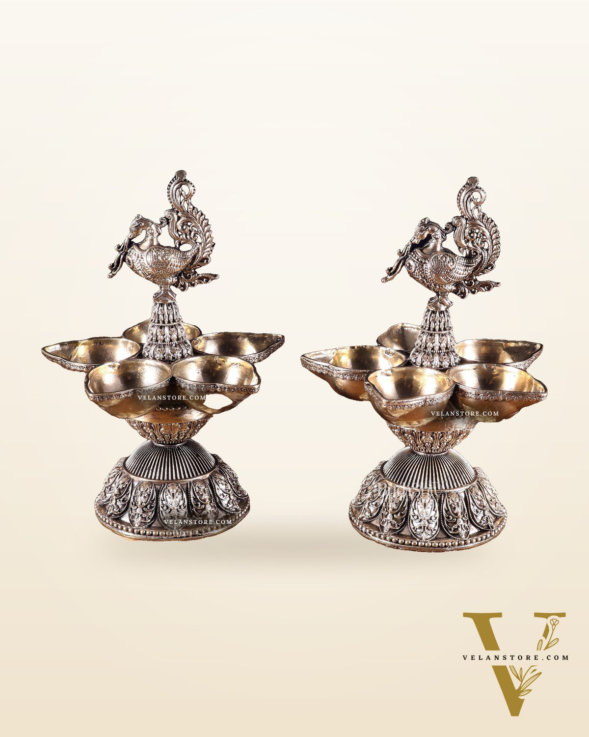 Brass Superfine Annam Lakshmi Peacock Panchdeep Diya | Single & Pair Options