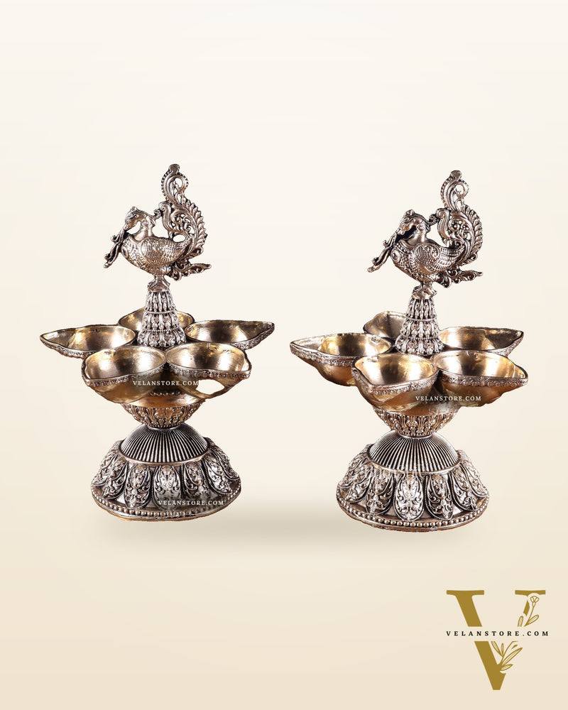 Brass Superfine Annam Lakshmi Peacock Panchdeep Diya | Single & Pair Options