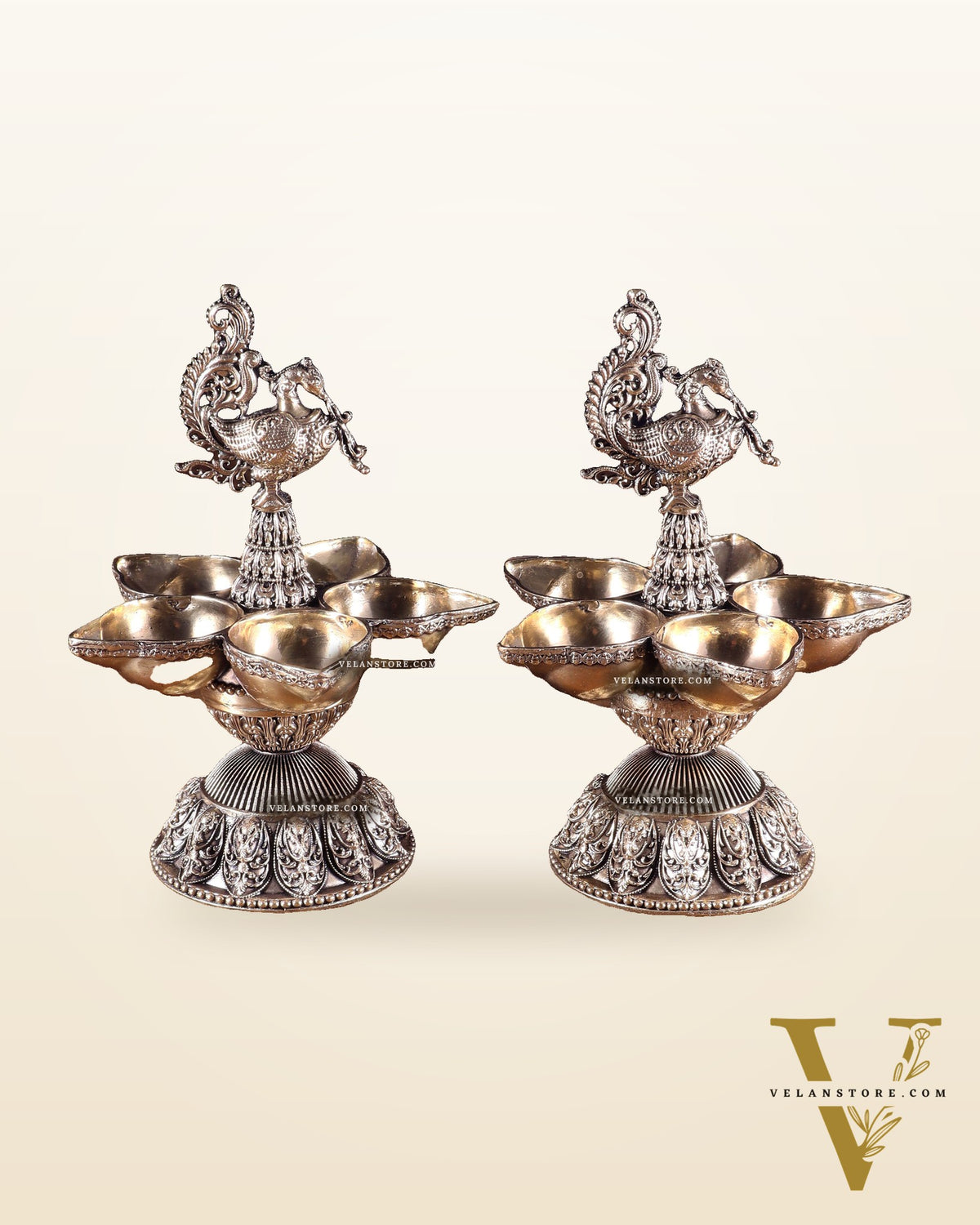 Brass Superfine Annam Lakshmi Peacock Panchdeep Diya | Single & Pair Options
