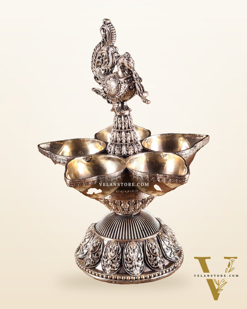 Brass Superfine Annam Lakshmi Peacock Panchdeep Diya | Single & Pair Options