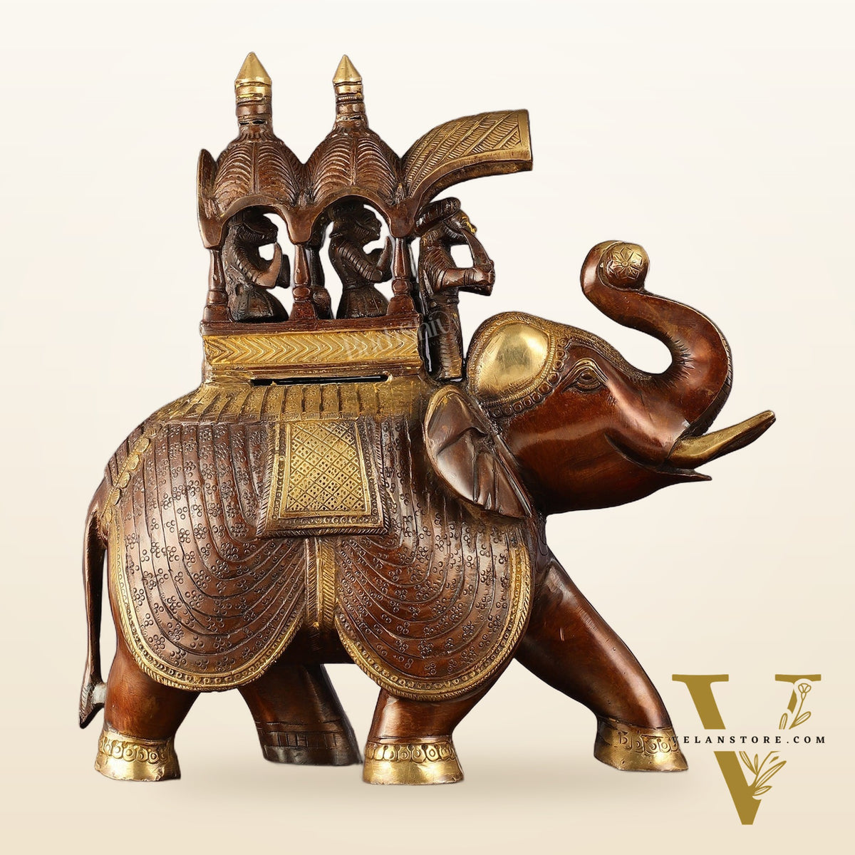 Brass Superfine Antique Brown Ambari Elephant with trunk up statue 12"