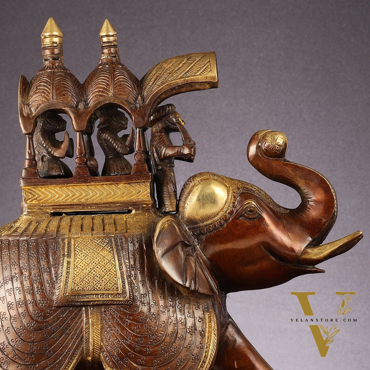 Brass Superfine Antique Brown Ambari Elephant with trunk up statue 12"