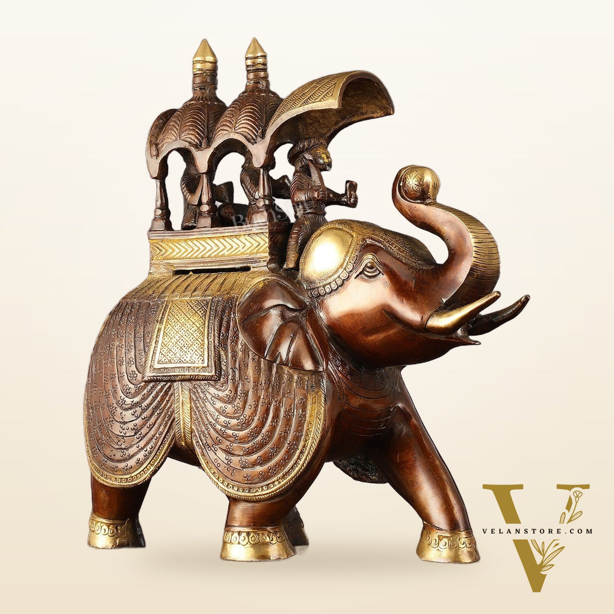 Brass Superfine Antique Brown Ambari Elephant with trunk up statue 12"