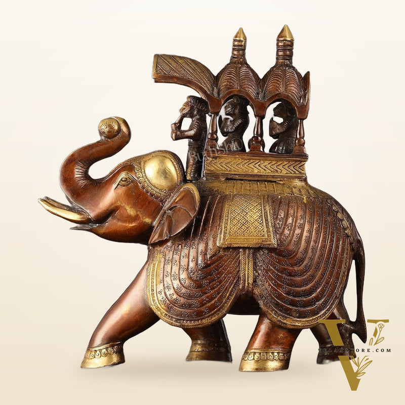 Brass Superfine Antique Brown Ambari Elephant with trunk up statue 12"
