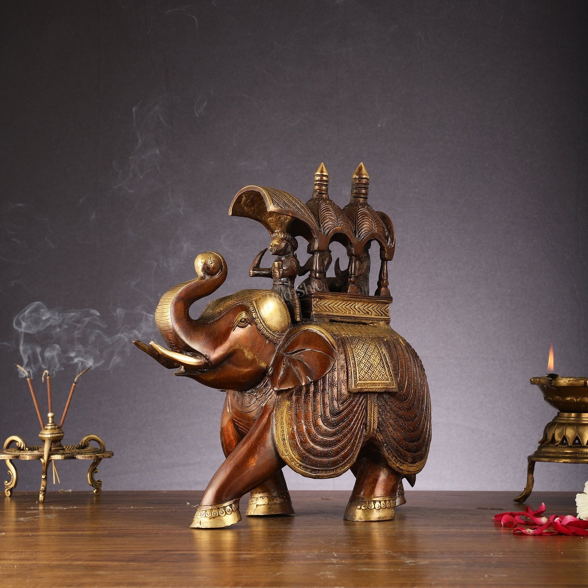 Brass Superfine Antique Brown Ambari Elephant with trunk up statue 12"