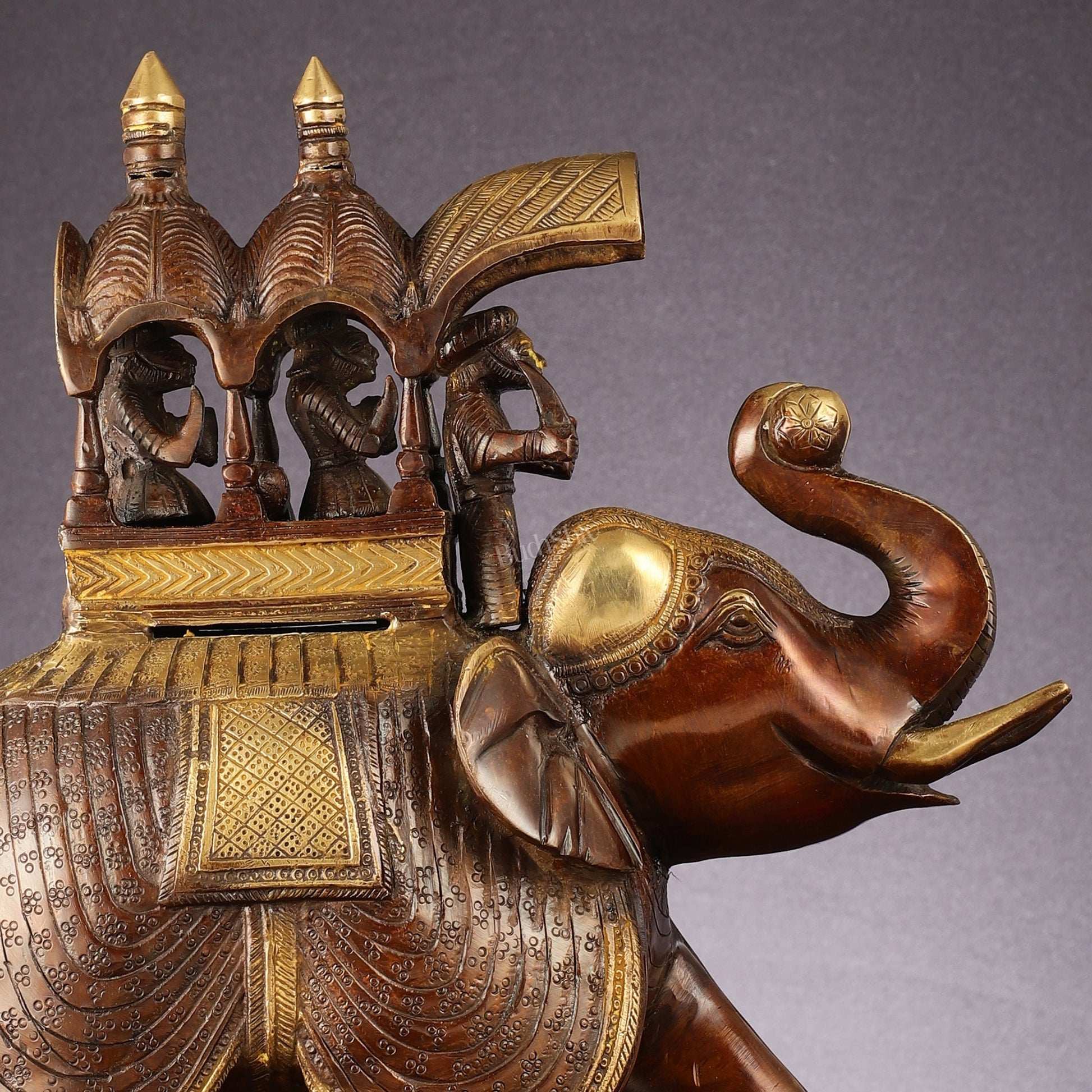 Brass Superfine Antique Brown Ambari Elephant with trunk up statue 12"