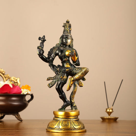 Handcrafted Brass Ardhanarishvara Statue - 12" Glossy Black
