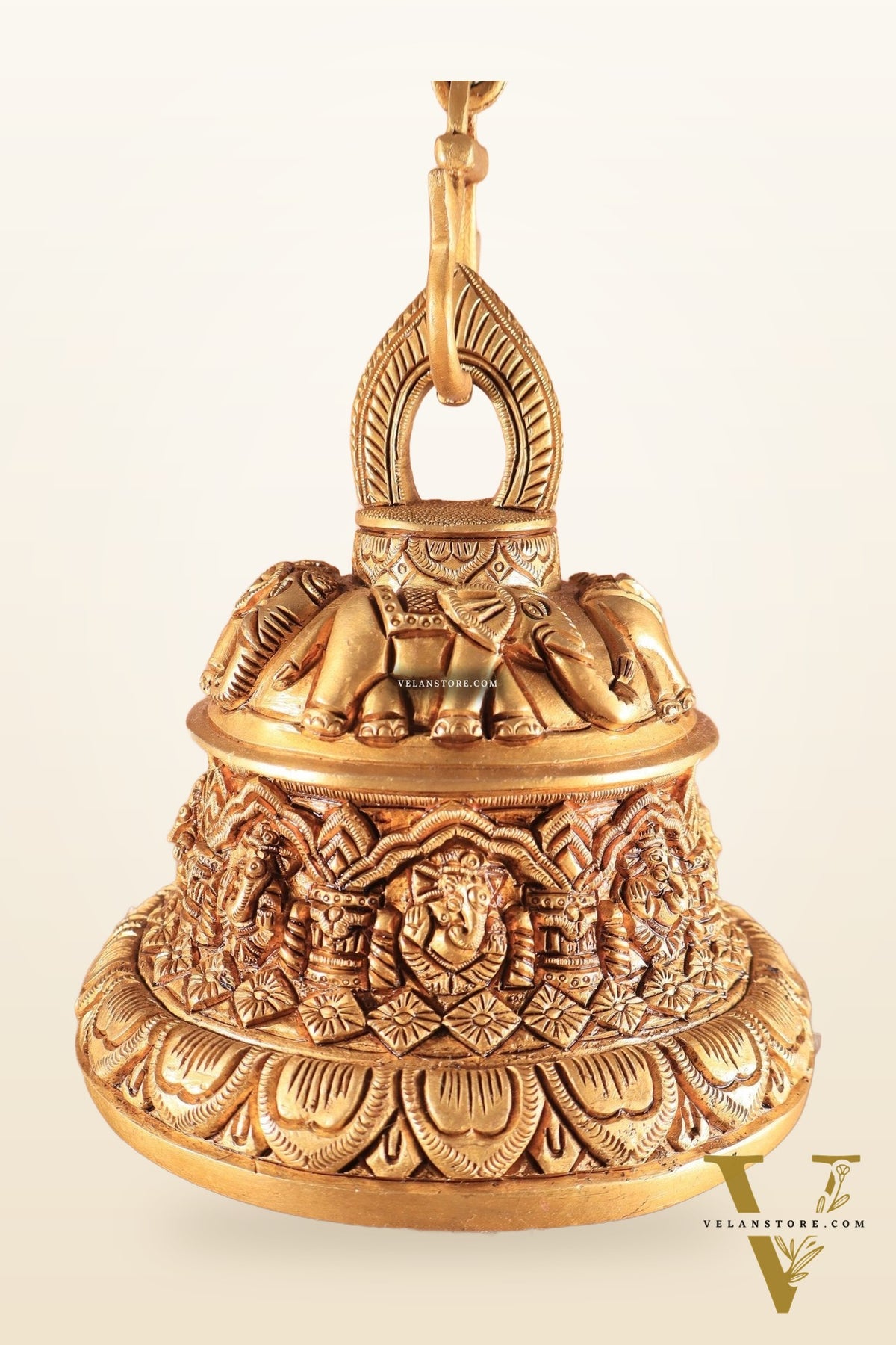 Brass Superfine Ashta Vinayaka Ganesha Hanging Temple Bell with Elephant Carvings