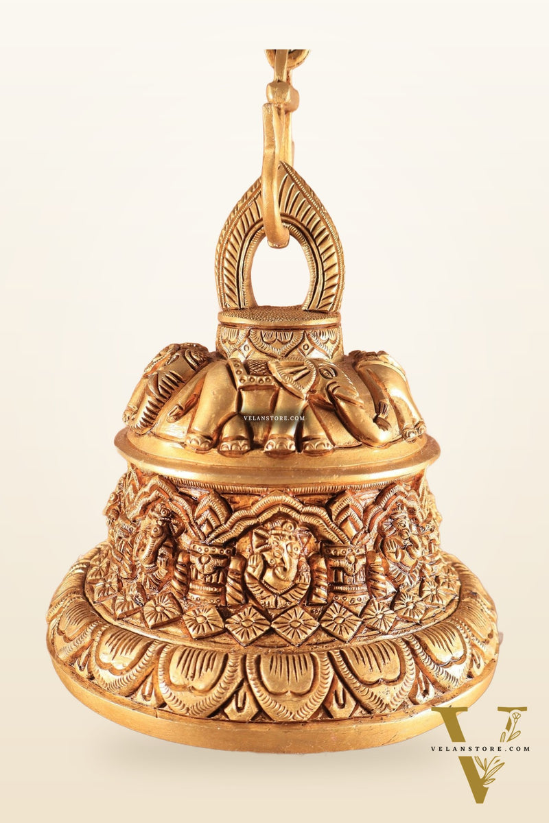 Brass Superfine Ashta Vinayaka Ganesha Hanging Temple Bell with Elephant Carvings