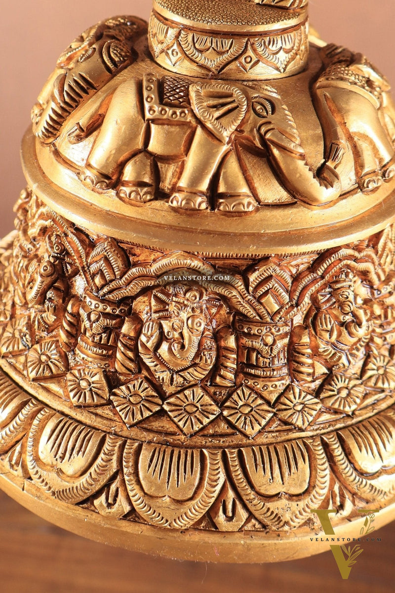 Brass Superfine Ashta Vinayaka Ganesha Hanging Temple Bell with Elephant Carvings