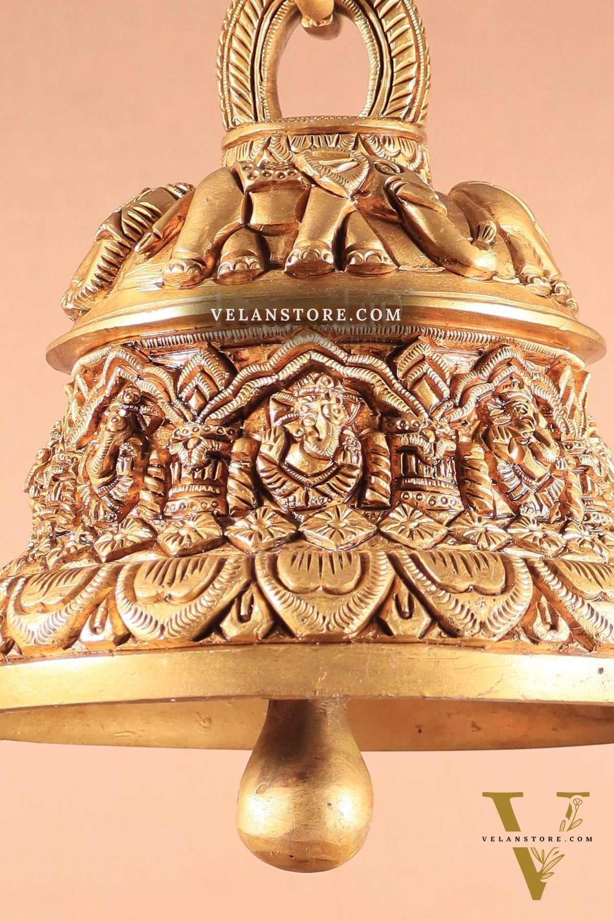 Brass Superfine Ashta Vinayaka Ganesha Hanging Temple Bell with Elephant Carvings