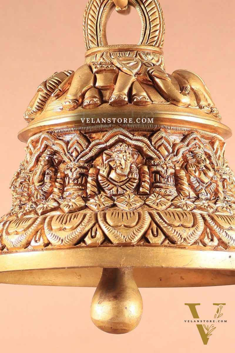 Brass Superfine Ashta Vinayaka Ganesha Hanging Temple Bell with Elephant Carvings
