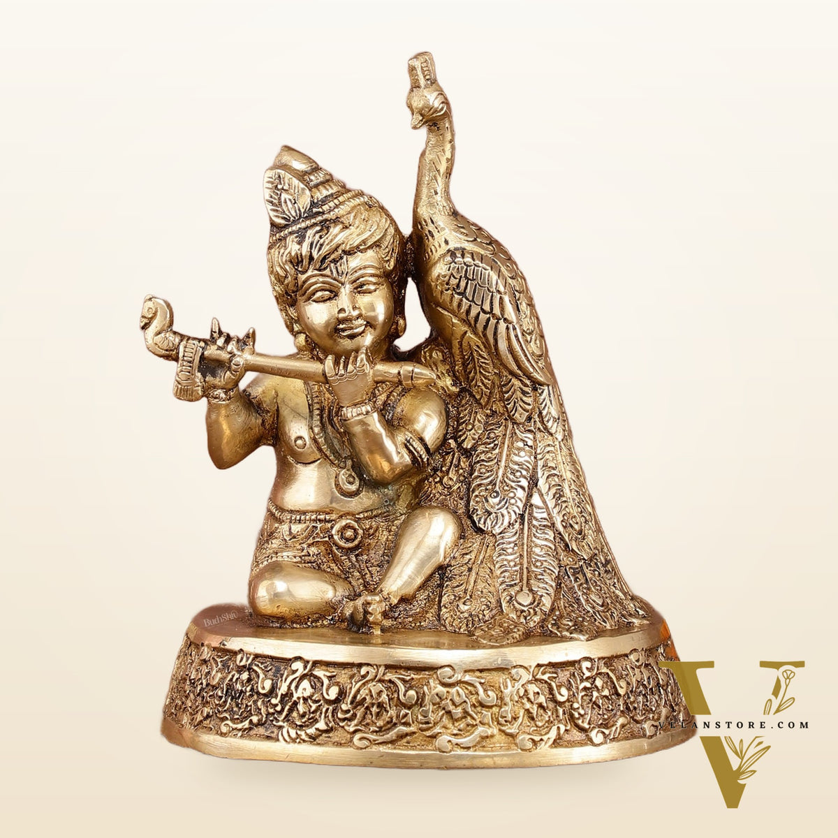Brass Superfine Baal Gopal Krishna with Peacock | 7 Inch Height