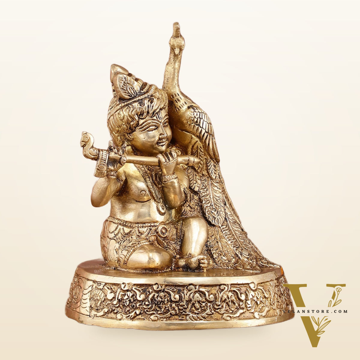 Brass Superfine Baal Gopal Krishna with Peacock | 7 Inch Height