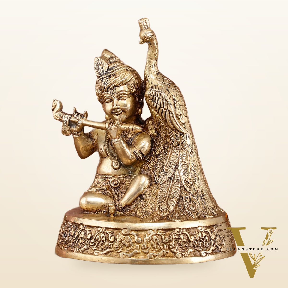 Brass Superfine Baal Gopal Krishna with Peacock | 7 Inch Height