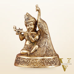 Brass Superfine Baal Gopal Krishna with Peacock | 7 Inch Height