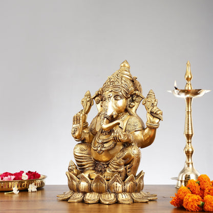 Brass Superfine Big Lord Ganesha Idol for Entrance or Home Temple | Height 15.5 inch