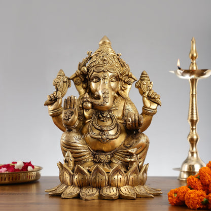 Brass Superfine Big Lord Ganesha Idol (Right Side Trunk) | Height 15.5 inch