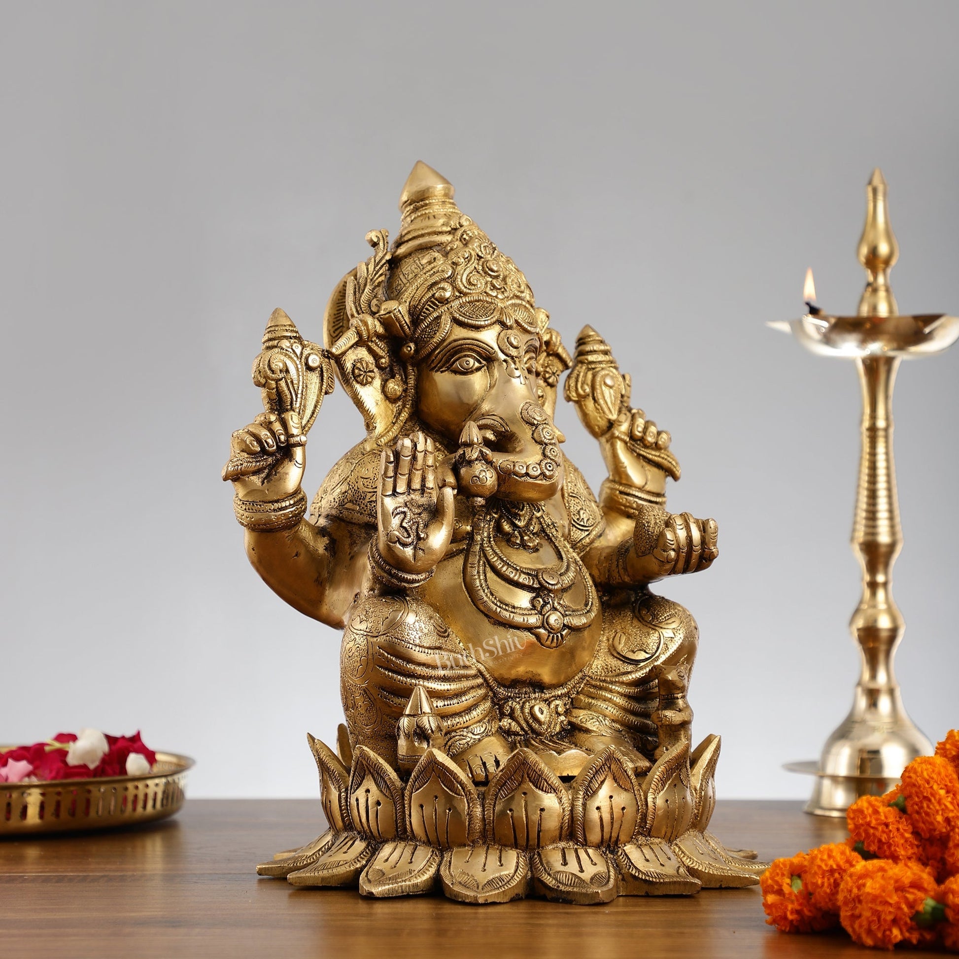 Brass Superfine Big Lord Ganesha Idol (Right Side Trunk) | Height 15.5 inch