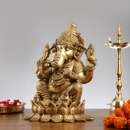 Brass Superfine Big Lord Ganesha Idol (Right Side Trunk) | Height 15.5 inch