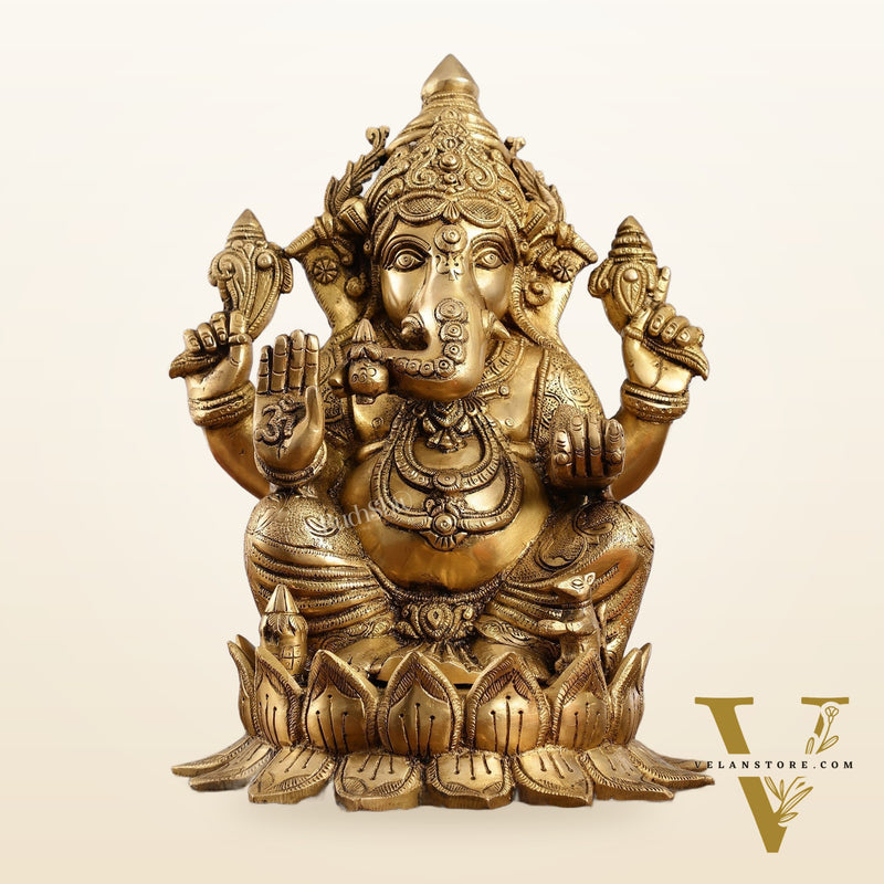Brass Superfine Big Lord Ganesha Idol (Right Side Trunk) | Height 15.5 inch