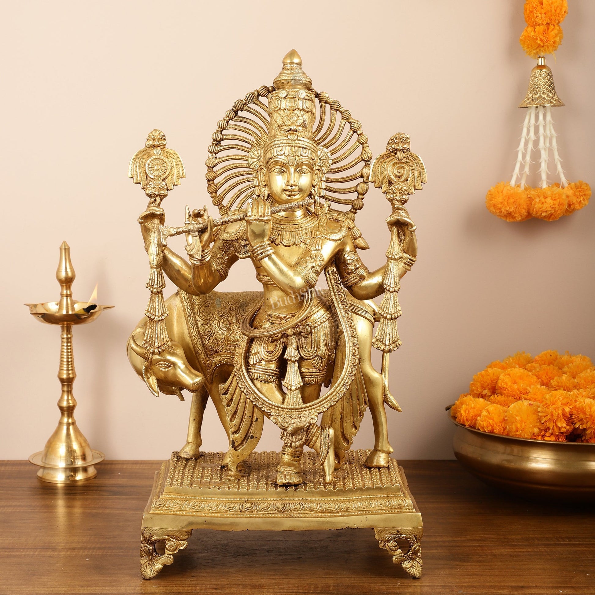 Brass Superfine Lord Krishna Statue with Shankh and Chakra - 24" Tall, 22kg