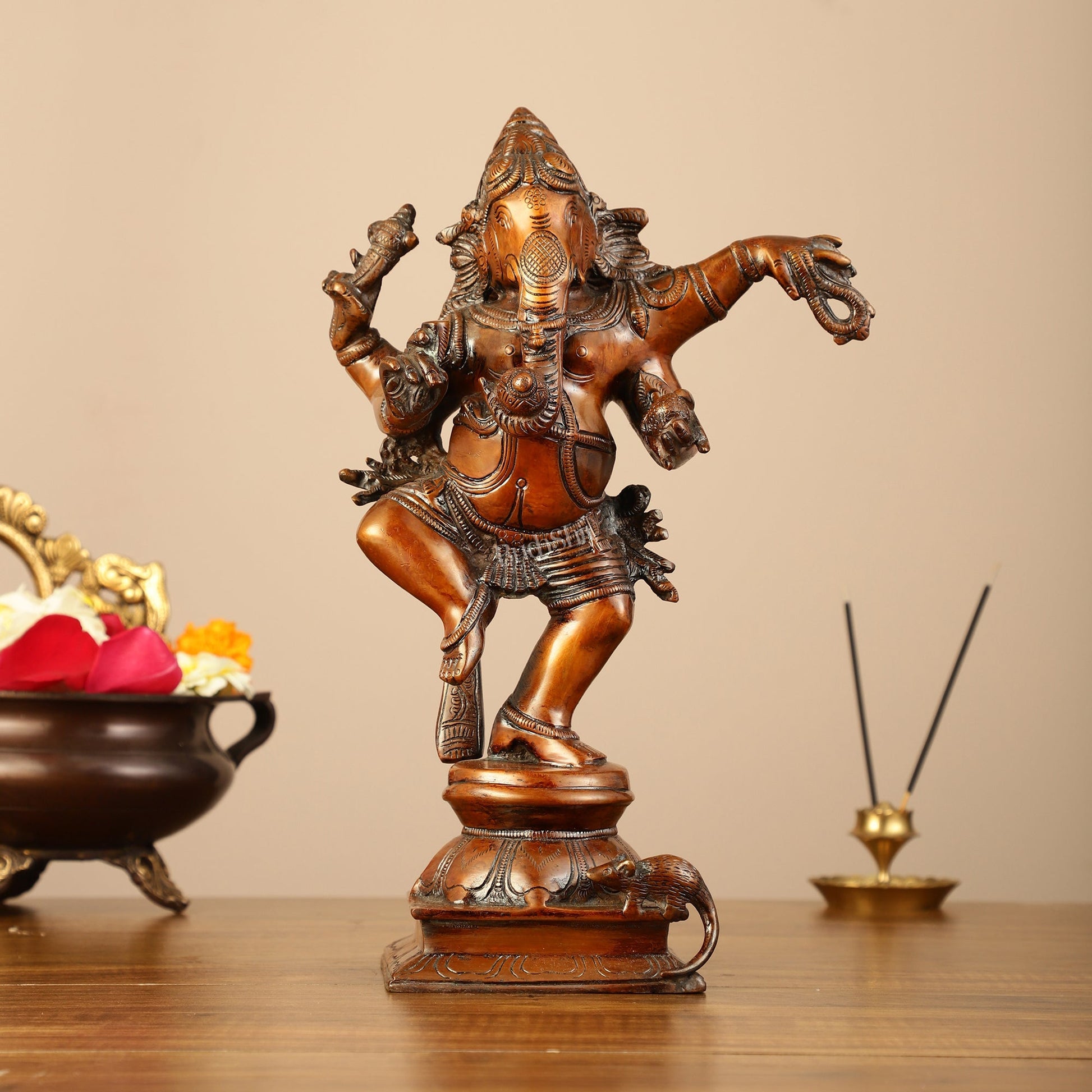 Brass Superfine Dancing Ganesha Statue - 12.5" Antique Bronze Finish
