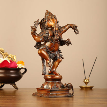 Brass Superfine Dancing Ganesha Statue - 12.5" Antique Bronze Finish