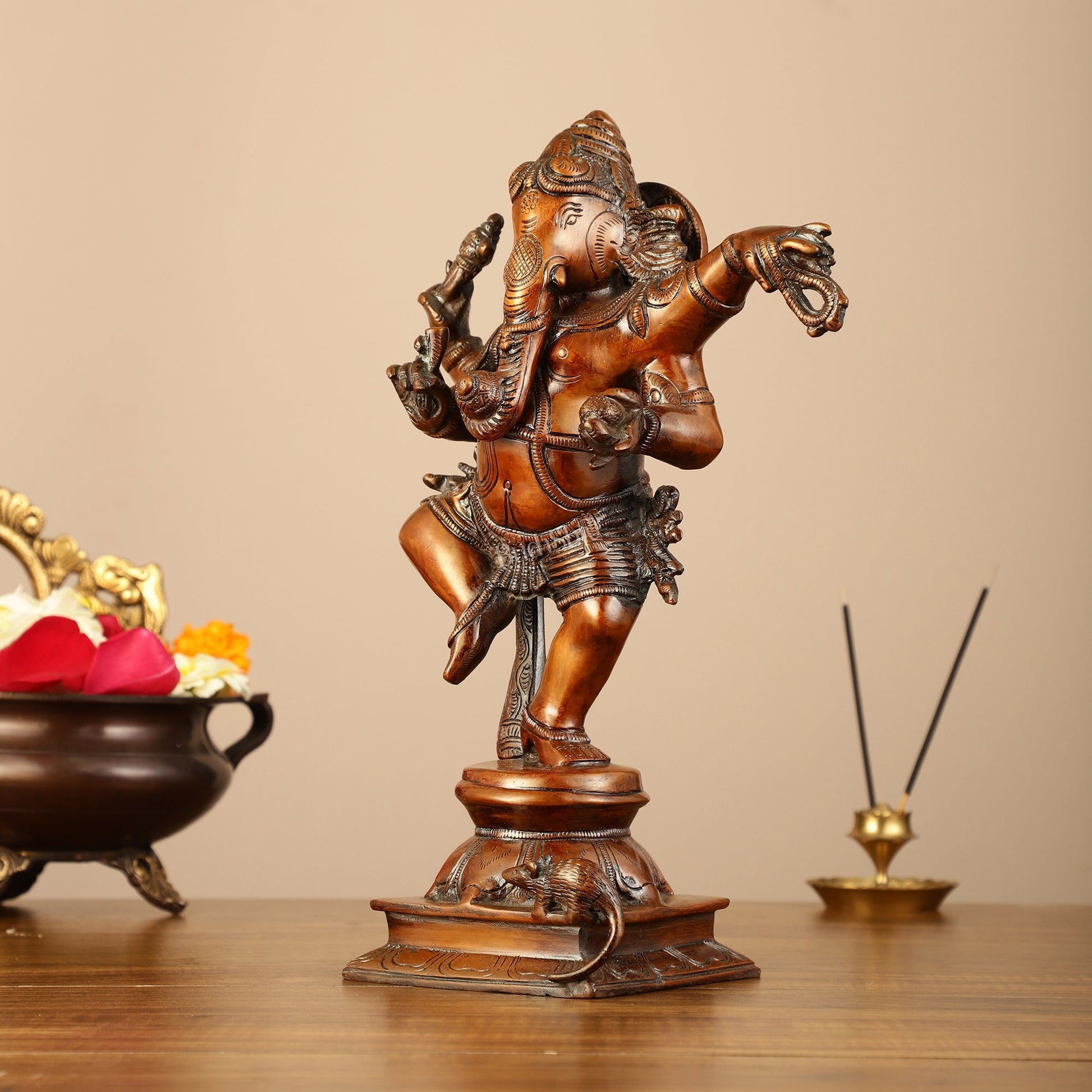Brass Superfine Dancing Ganesha Statue - 12.5" Antique Bronze Finish