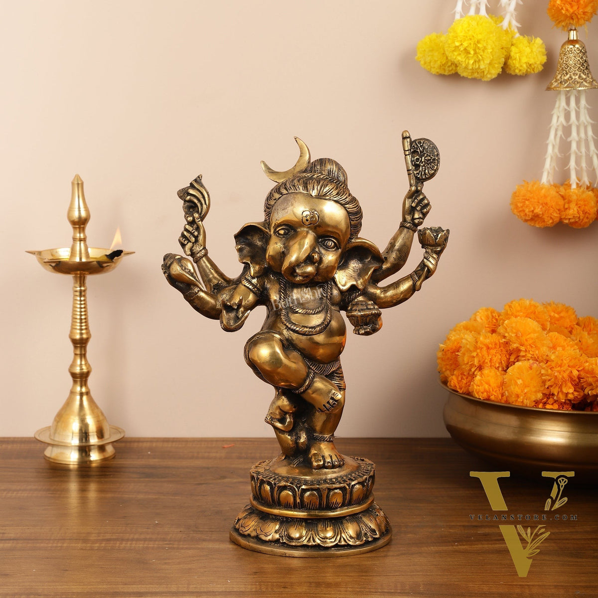 Brass Superfine Dancing Ganesha with 6 arms Idol - 15.5 Inch