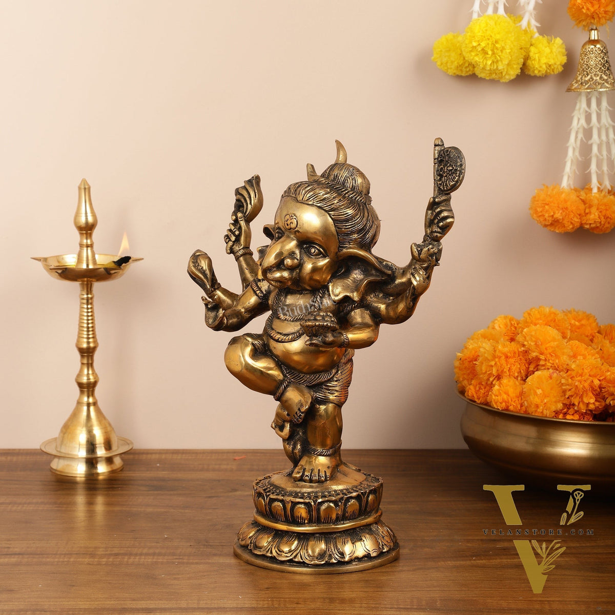 Brass Superfine Dancing Ganesha with 6 arms Idol - 15.5 Inch