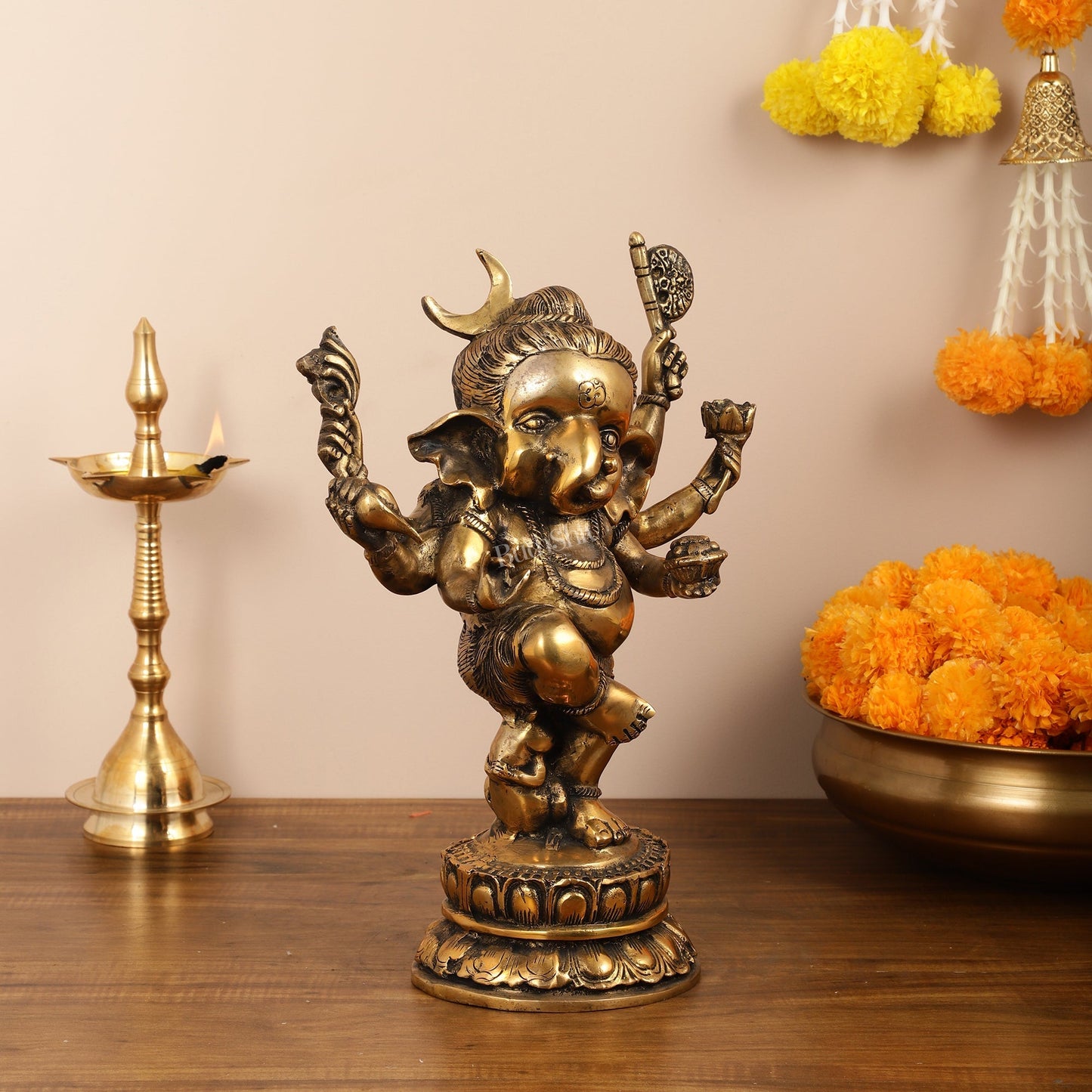 Brass Superfine Dancing Ganesha with 6 arms Idol - 15.5 Inch