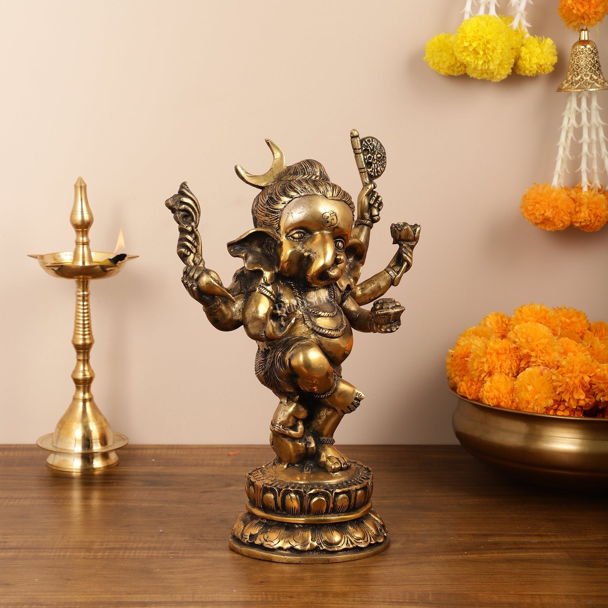 Brass Superfine Dancing Ganesha with 6 arms Idol - 15.5 Inch