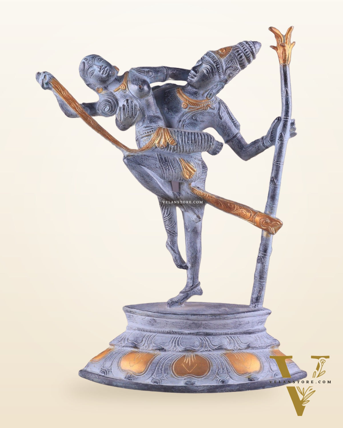 Brass Superfine Dancing Rati and Kaamdeva 13 inch grey sandstone finish