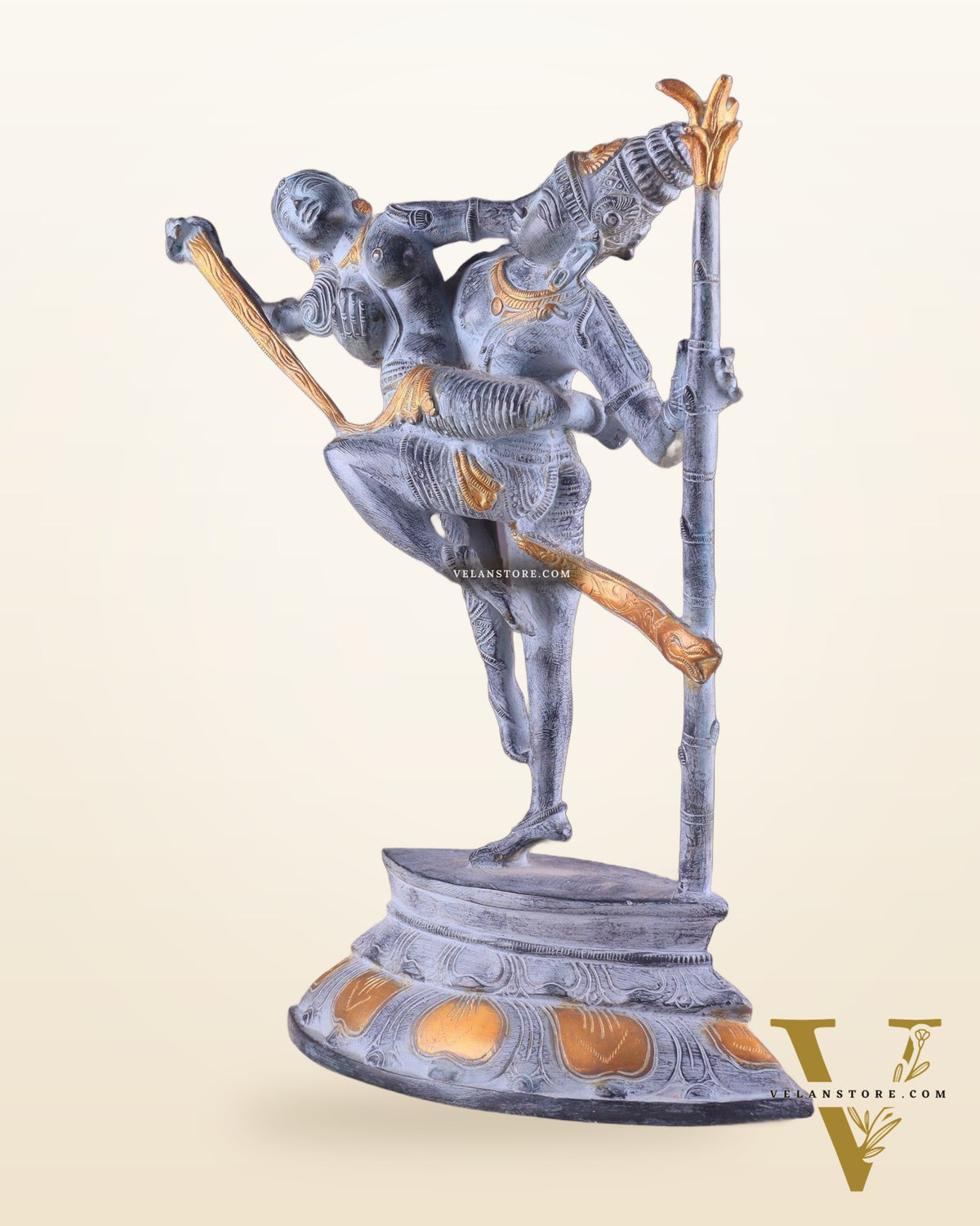 Brass Superfine Dancing Rati and Kaamdeva 13 inch grey sandstone finish